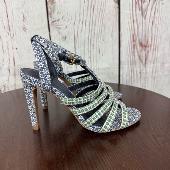 Tory Burch Charlene 100mm Women's Blue Printed linen Sandals size 7.5 NIB - Picture 15 of 16